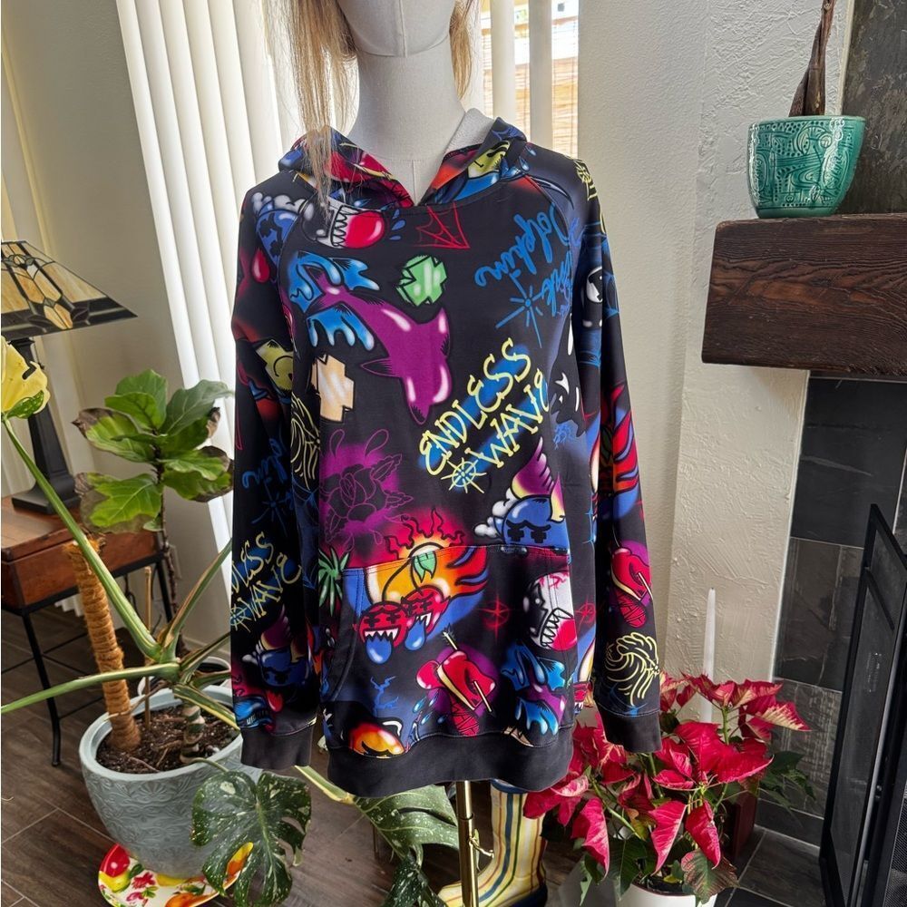PINK DOLPHIN AIRBRUSH HALLUCINATIONS HOODIE SZ L
